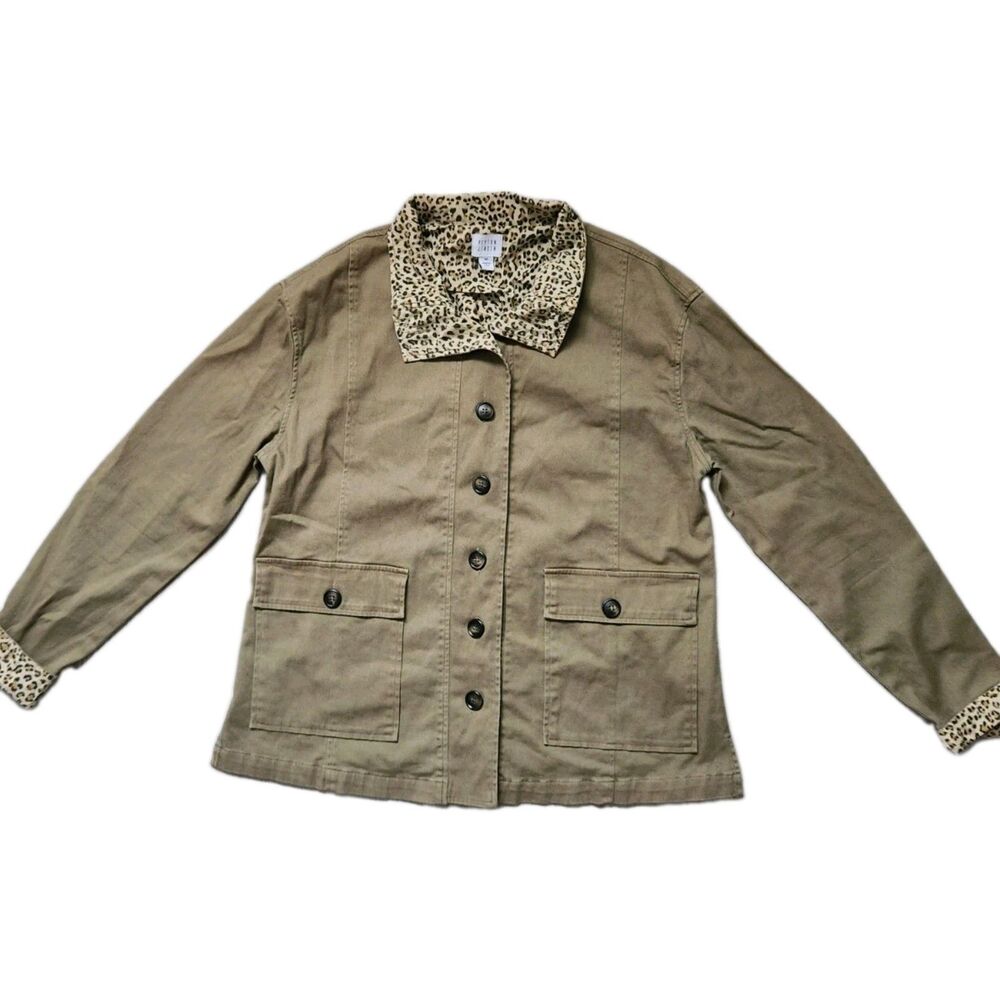 Peyton Jensen Safari Utility Jacket Green Leopard Trim Button Up Womens Sz M EUC